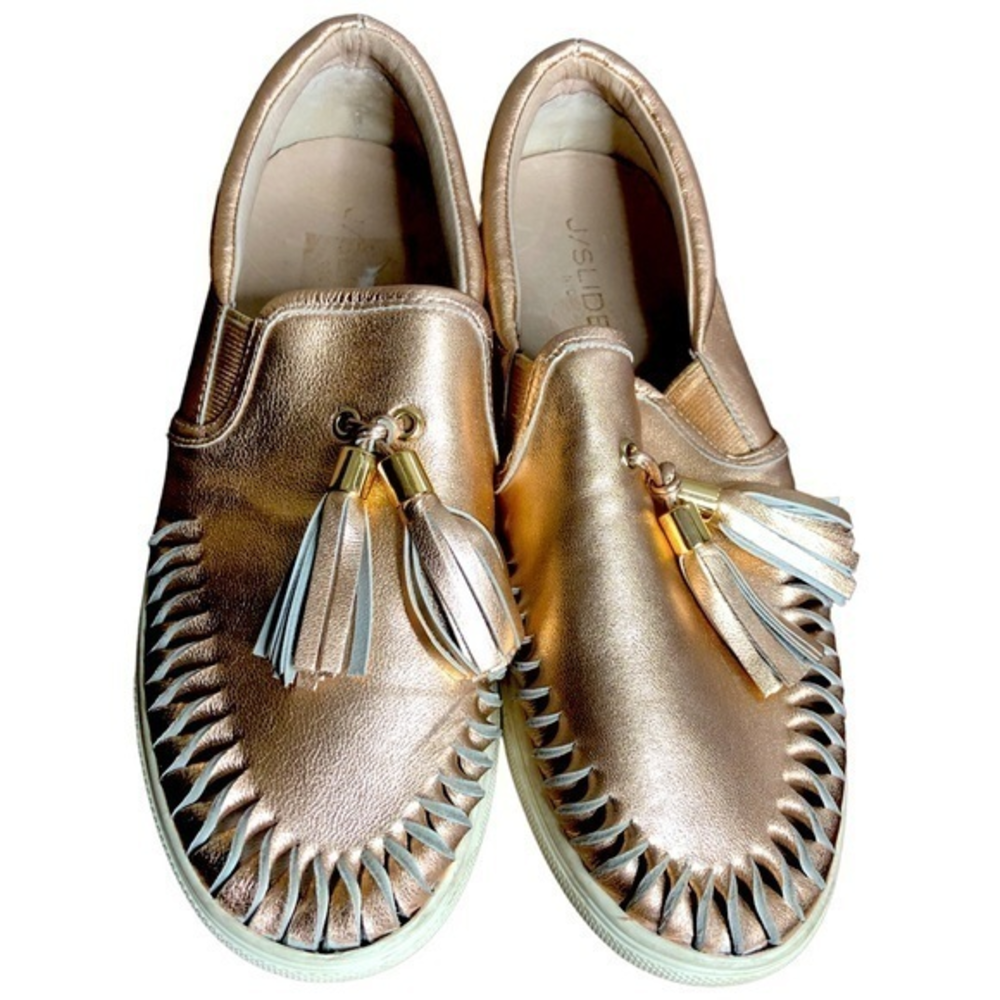 J/Slides NYC Cheyenne Aztec rose gold tassel whipstitched cutout  Loafers size 7